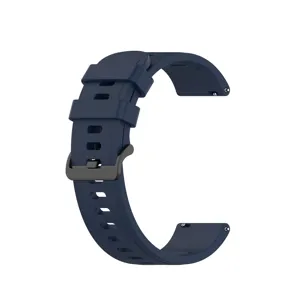 Dark blue silicone replacement watch band with breathable holes and black metal buckle.