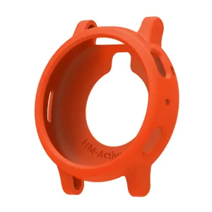 Orange silicone protective case for smartwatch, soft flexible cover with precise cutouts.