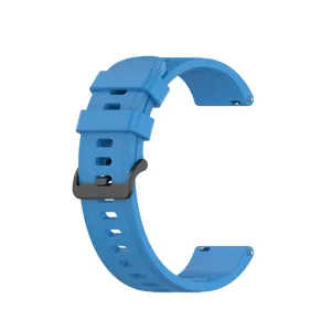 Silicone replacement watch strap detail, featuring durable blue band and secure black buckle.