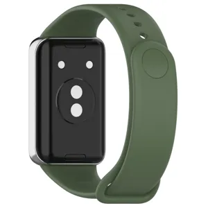 Silicone smartwatch replacement strap, green color, detail view of sensor back and buckle.