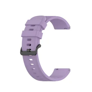 Purple silicone watch strap replacement with black buckle and quick release pins for smart watch.
