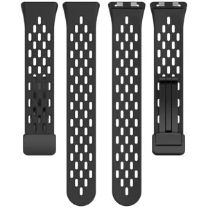 Detail view of black silicone breathable replacement strap with magnetic folding buckle.