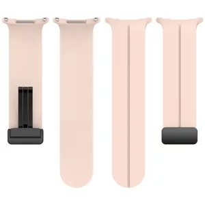 Details of the pink silicone watch strap with a secure magnetic clasp and curved connector.