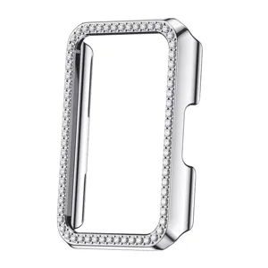 Silver rhinestone watch protective case, shiny crystal bling hard shell accessory details.