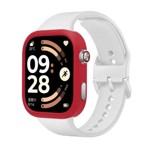 Nahaufnahme der roten Silikon-Schutzhülle mit weißem Armband, präzise Ausschnitte und Textur.