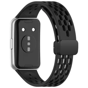 Black perforated silicone replacement watch strap with magnetic folding clasp, breathable detail view