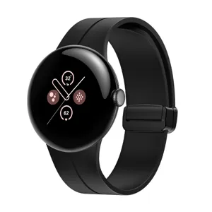 Black silicone magnetic folding buckle watch band detail view, soft and comfortable for sports.