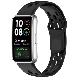Replacement silicone strap for smart fitness band with breathable holes and metal closure.