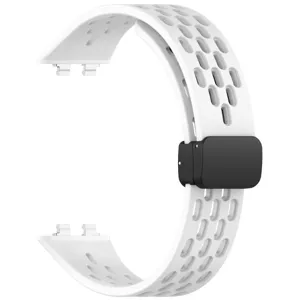 Detail view of the breathable silicone watch strap with a secure magnetic folding clasp.