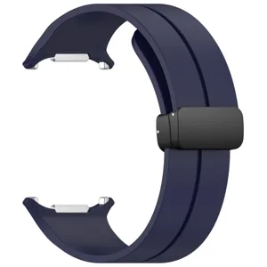 Close-up detail of dark blue silicone watch strap with secure magnetic folding clasp.