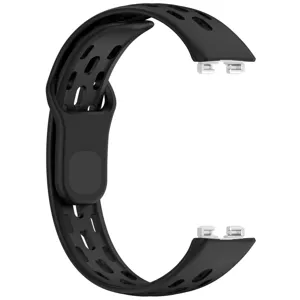 Black silicone replacement watch band, breathable perforated sports strap with metal connectors.