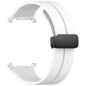 White silicone smartwatch strap with black magnetic folding clasp and metal connectors.