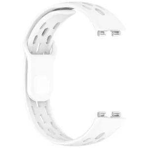 Detail view of breathable white silicone replacement watch strap with metal connectors.