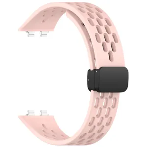Silicone strap detail shot showing breathable holes and magnetic folding buckle for smart band.