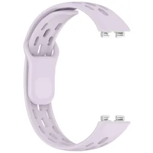 Lavender silicone breathable replacement band detail, honeycomb holes, secure metal buckle.