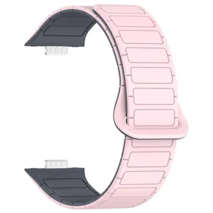 Pink silicone magnetic replacement watch band compatible with smartwatches with metal connectors.