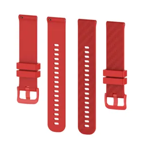 Silicone watch strap detail view, carbon fiber texture and smooth red design, quick release.