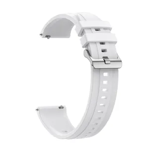 White silicone replacement watch strap detail, 22mm universal smartwatch band with steel buckle.
