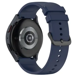 Detailed back view of the dark blue silicone replacement watch strap with black buckle and sensor.