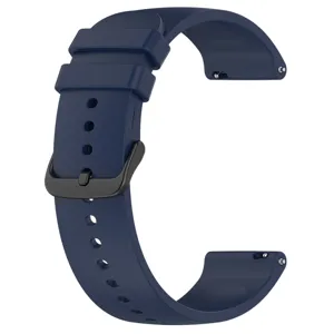 Dark blue silicone watch band replacement detail, flexible strap with black buckle and pins.