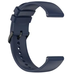 Dark blue silicone replacement watch strap with quick release pins and black buckle detail.