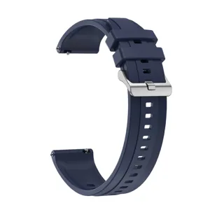 Detail view of dark blue silicone smartwatch replacement strap with metal buckle and quick pins.