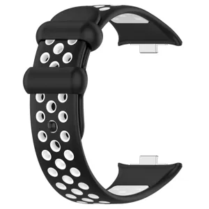 Détail de bracelet de montre de rechange perforé en silicone, design sport bicolore respirant.