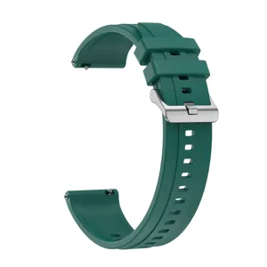 Green silicone smartwatch replacement band with silver metal buckle and quick release pins.