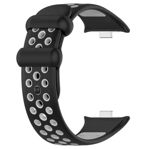 Détail de bracelet de sport en silicone, design perforé bicolore respirant avec connecteurs.