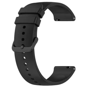 Detail view of a black silicone watch strap featuring a secure buckle and quick pins.