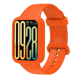 Detailed close-up view of the vibrant bright orange silicone protective case and soft strap.