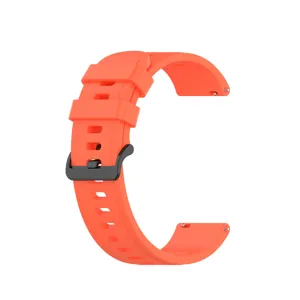 Silicone replacement smartwatch strap detail view with quick release pins and black buckle.