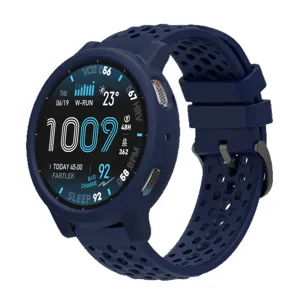 Dark blue silicone protective case and breathable strap for smartwatch, durable and comfortable fit.
