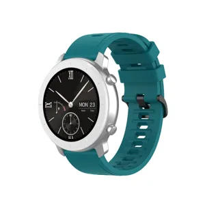 Replacement silicone strap and silver case smartwatch design detail view for daily wear.