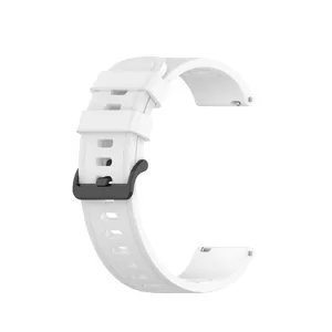 Silicone smartwatch replacement strap detail view, white watch band with black buckle.