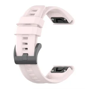 Pink silicone smartwatch replacement band detail with secure quick release buckle.