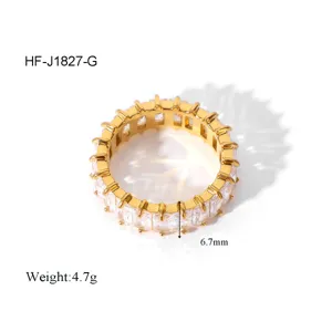 Close-up detail view of 18K gold plated baguette cubic zirconia stainless steel ring.