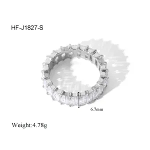 Detailed view of luxury titanium steel baguette cubic zirconia eternity ring geometric style.