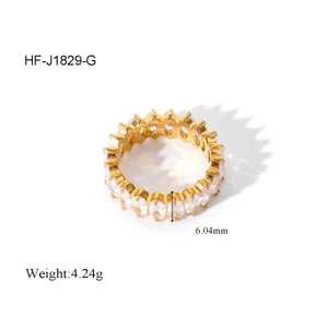 Detailed view of gold plated titanium steel ring with sparkling full eternity white zirconia.