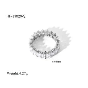 Detail view of a luxury titanium steel cubic zirconia eternity ring, 6.04mm wide, 4.27g weight.