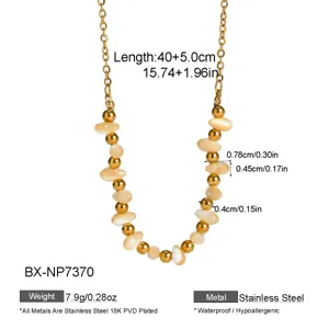 Elegant gold stainless steel necklace with natural shell beads, waterproof and hypoallergenic design.