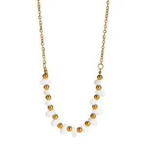 Gold-tone titanium steel U-shaped necklace adorned with natural white shell beads and gold beads.