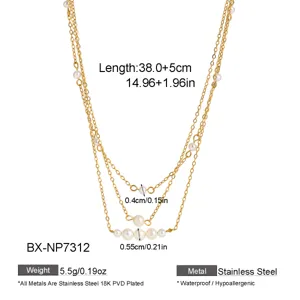 Multi-layer natural baroque pearl clavicle necklace, 18K PVD stainless steel chic jewelry.