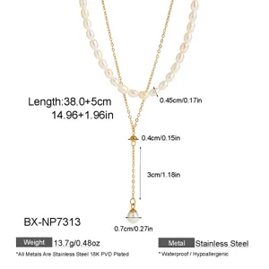 Double layer baroque pearl necklace 18k gold plated titanium steel clavicle chain.