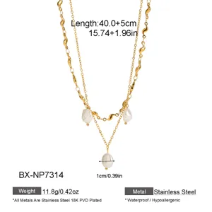 Double layer stainless steel baroque pearl necklace with 18K PVD gold plating fashion jewelry
