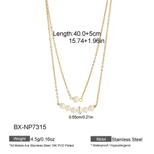 Elegant double layer pearl necklace in 18k gold plated stainless steel waterproof chic jewelry