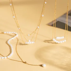 Baroque Natural Pearl Layered Necklace For Women 18K Gold Plated Titanium Steel Water Resistant Choker Necklaces Fashion Jewelry