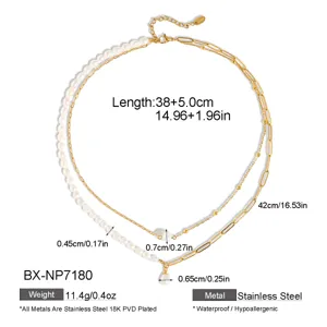 Collar de perlas de doble capa en acero inoxidable con baño de oro 18k, joya elegante.