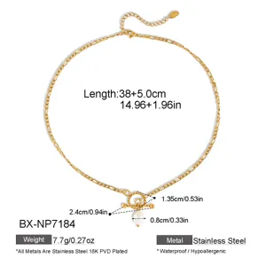 Collar de cadena Figaro de acero inoxidable dorado con perla y cierre de barra.