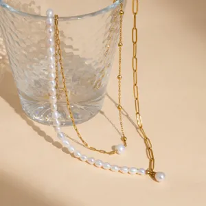 Collar con colgante de perla de agua dulce natural transfronteriza cadena de oro 18K